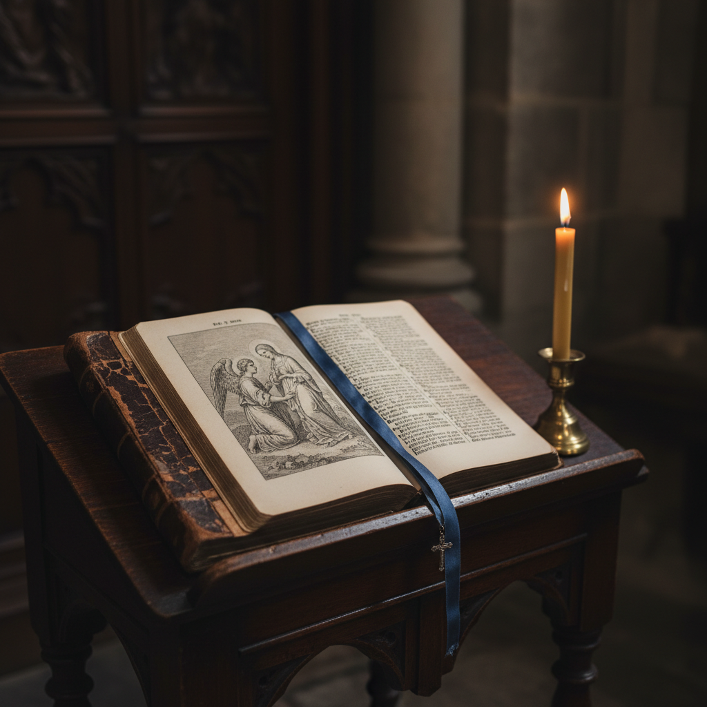 A worn but dignified leather-bound Catholic missal, its gilded page edges slightly faded, lying open on a dark wooden prie-dieu. A delicate bookmark ribbon in Marian blue drapes across Latin text and an intricate line engraving of the Annunciation. A single beeswax candle in a small brass holder burns nearby, its warm glow reflecting gently on the page and the polished wood. The surrounding chapel is dim, with only hints of carved wood and stone visible in the soft bokeh. Photographic realism, close-up composition from a slightly elevated angle, intimate and meditative mood.